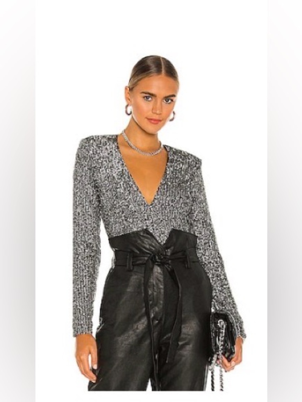 Bardot Silver Metallic Ribbed V-Neck Long Sleeve Top